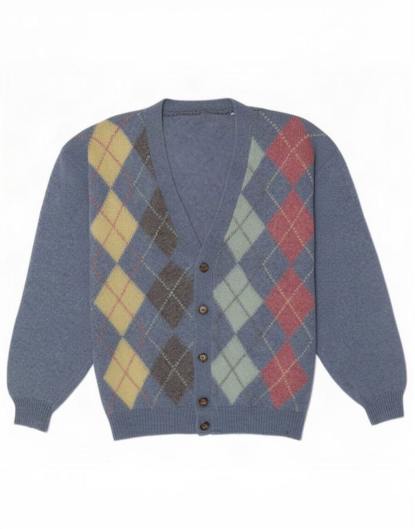 Vintage Mens Cardigan Sweater Large Blue Argyle/Diamond