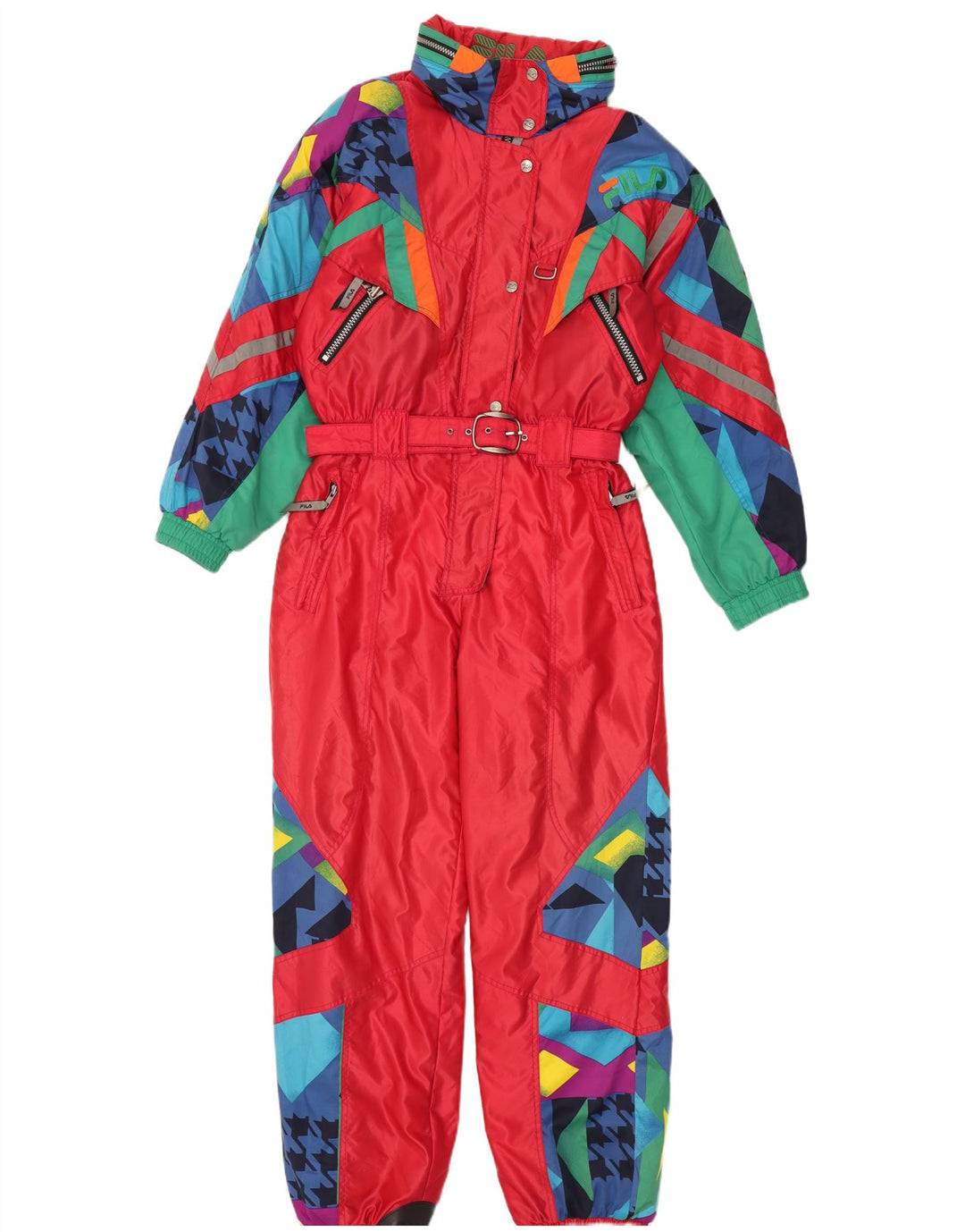 Fila Womens Hooded Ski Jumpsuit IT 46 Large  Red Geometric Polyamide