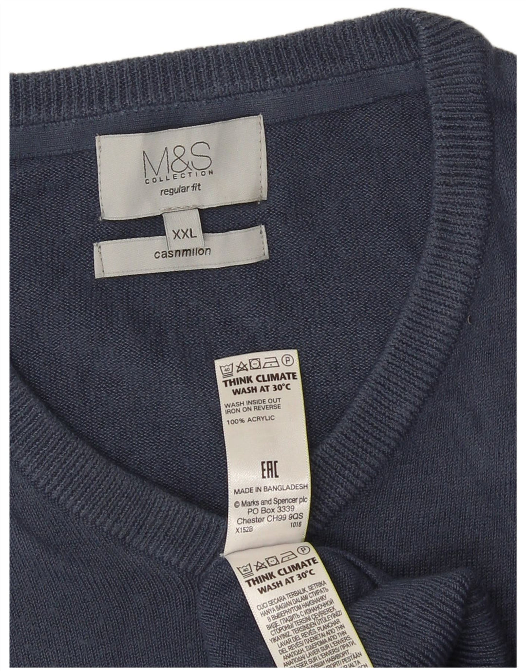 Marks & Spencer Mens Regular Fit V-Neck Jumper Sweater 2XL Navy Blue