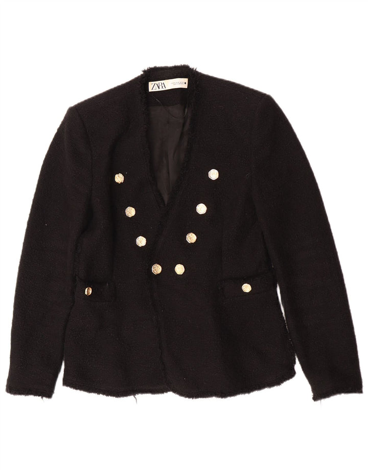 Zara Womens Double Breasted Blazer Jacket UK 12 Medium Black Cotton