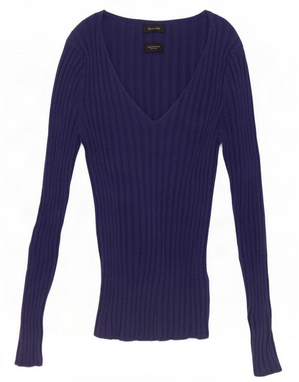 Massimo Dutti Womens V-Neck Jumper Sweater UK 8 Small Navy Blue Cotton