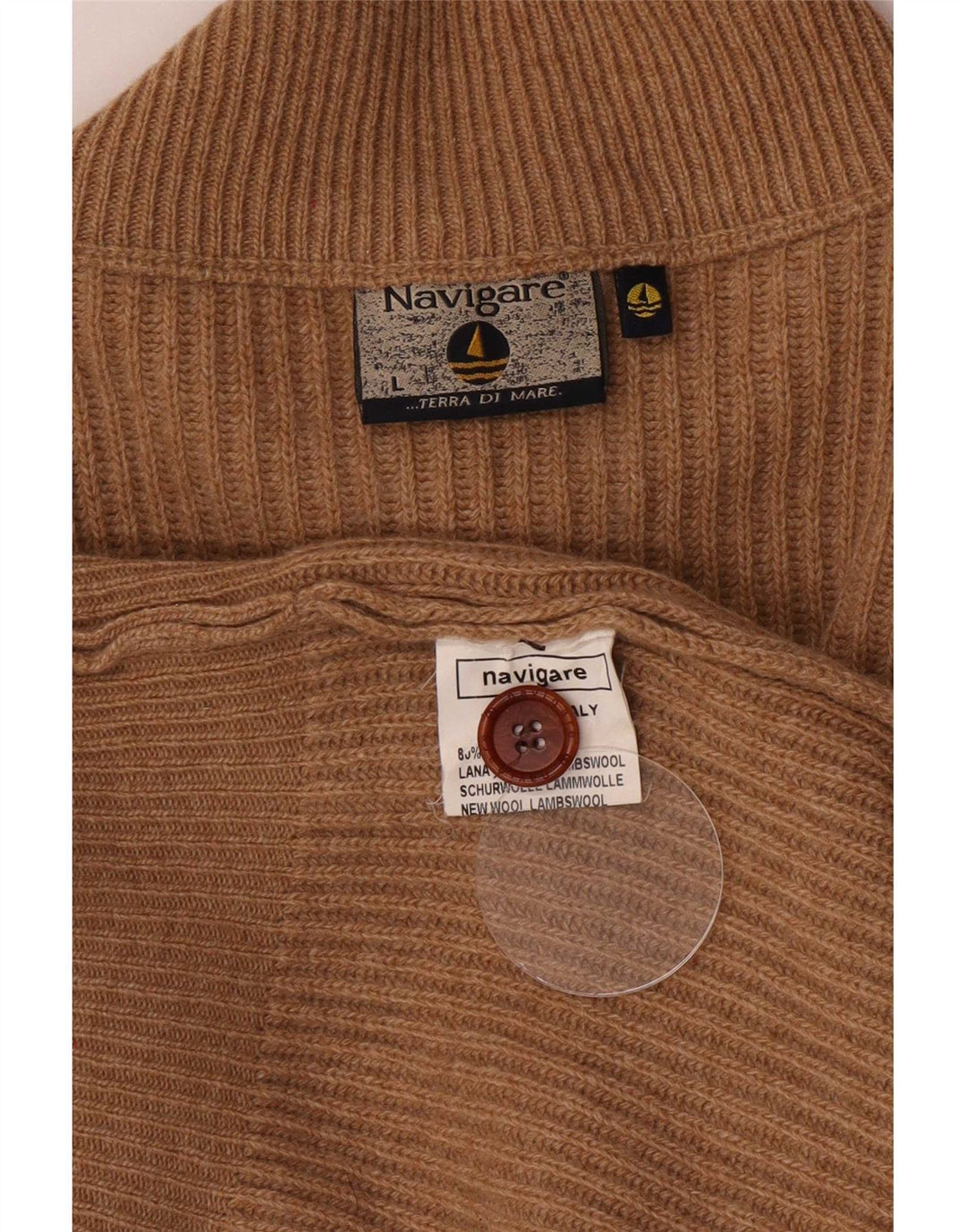Navigare Mens Cardigan Sweater Large Beige Lambswool