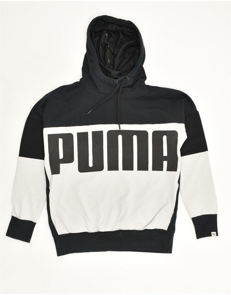 PUMA Womens Graphic Hoodie Jumper UK 10 Small Black Colourblock Cotton | Vintage Puma | Thrift | Second-Hand Puma | Used Clothing | Messina Hembry 