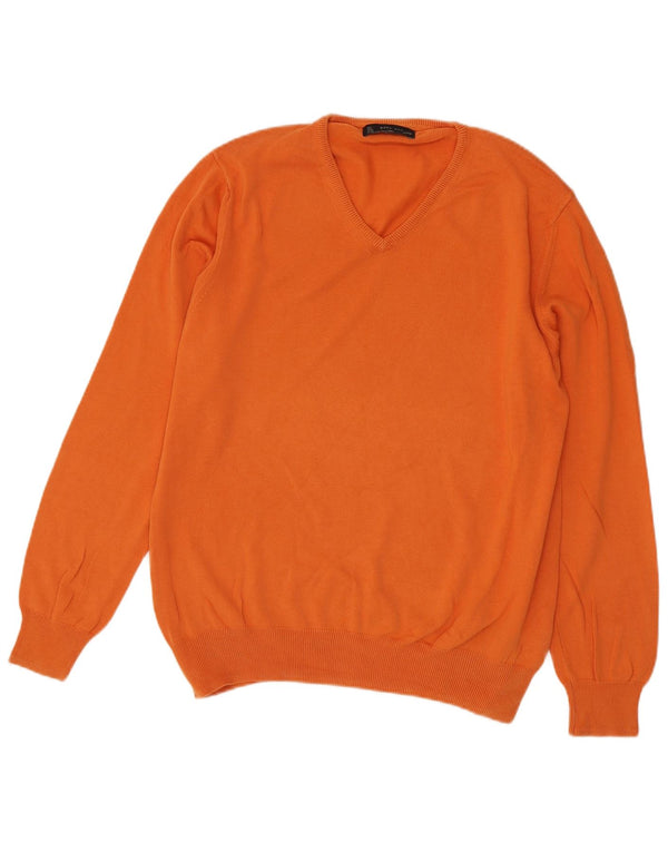 Zara Mens V-Neck Jumper Sweater Large Orange Cotton