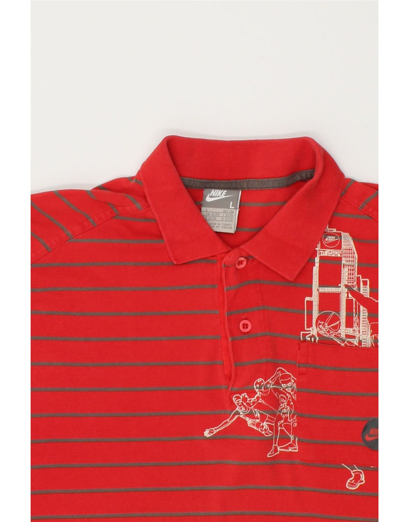 NIKE Mens Graphic Polo Shirt UK 42/44 Large Red Striped Cotton | Vintage Nike | Thrift | Second-Hand Nike | Used Clothing | Messina Hembry 
