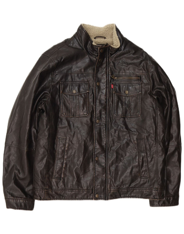 Levi's Mens Faux Leather Sherpa Jacket UK 40 Large Brown Polyurethane