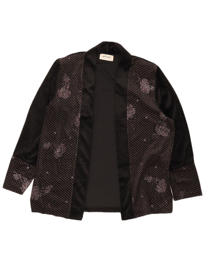 Vintage Womens Open Blazer Jacket UK 14 Medium Black Floral Polyester