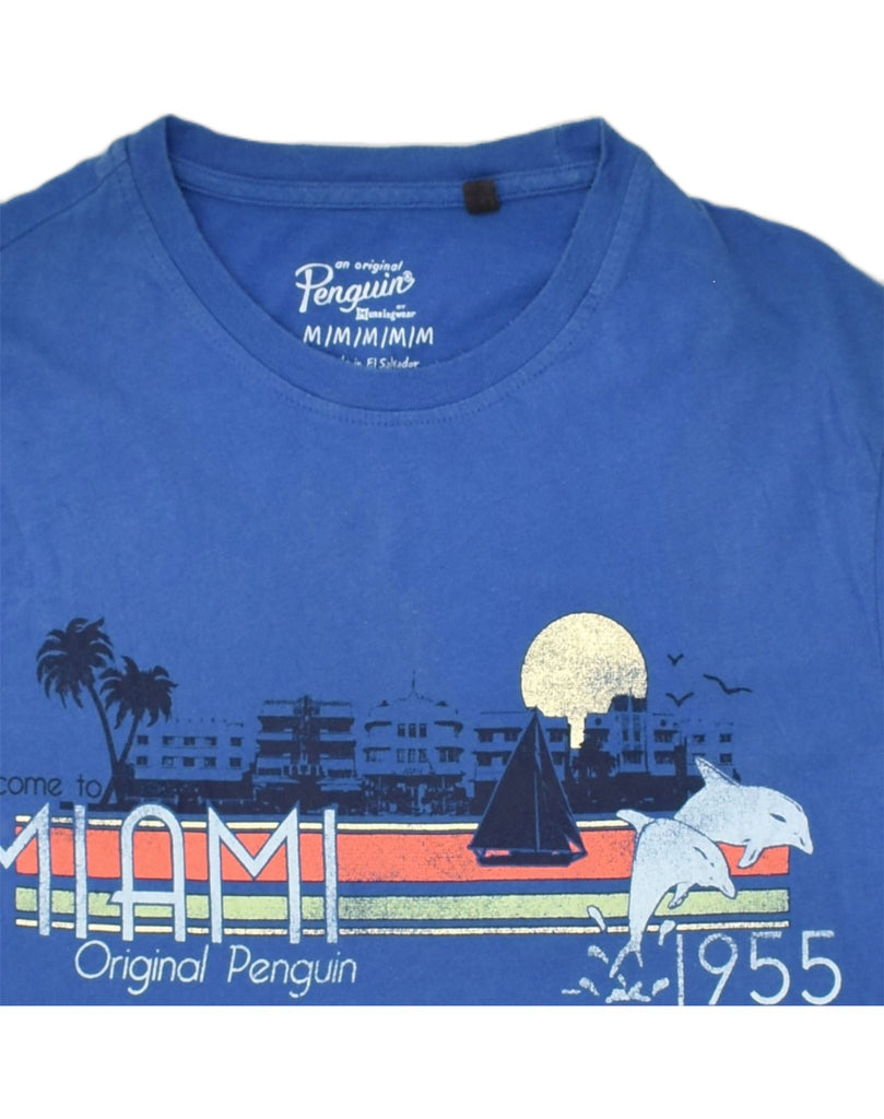 PENGUIN Mens Miami Graphic T-Shirt Top Medium Blue Cotton | Vintage Penguin | Thrift | Second-Hand Penguin | Used Clothing | Messina Hembry 