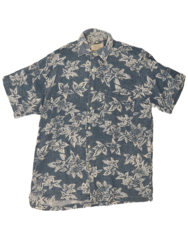 Green Leaves Mens Short Sleeve Shirt Medium Blue Floral Cotton