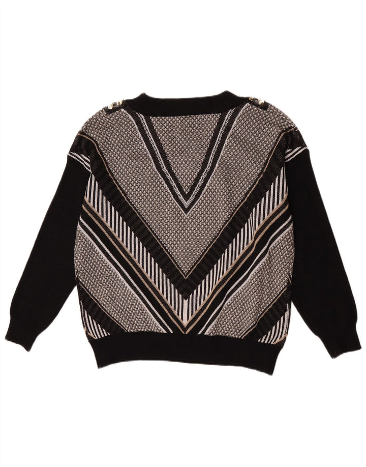 Vintage Womens V-Neck Jumper Sweater UK 14 Large Black Striped Polyester