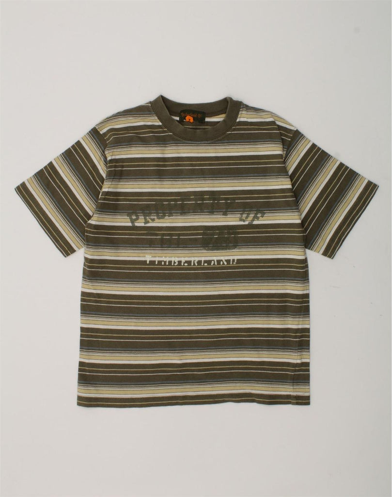 TIMBERLAND Boys Graphic T-Shirt Top 8-9 Years Khaki Striped Cotton | Vintage Timberland | Thrift | Second-Hand Timberland | Used Clothing | Messina Hembry 