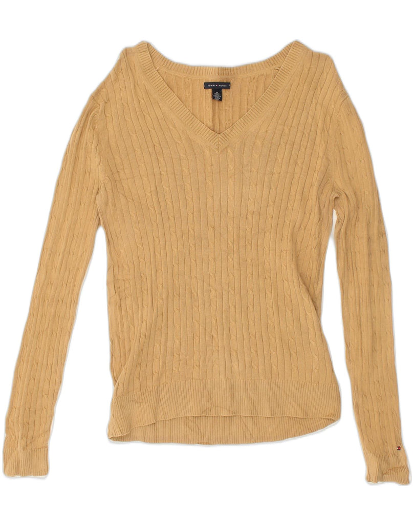 TOMMY HILFIGER Womens V-Neck Jumper Sweater UK 12 Medium Beige Cotton | Vintage Tommy Hilfiger | Thrift | Second-Hand Tommy Hilfiger | Used Clothing | Messina Hembry 