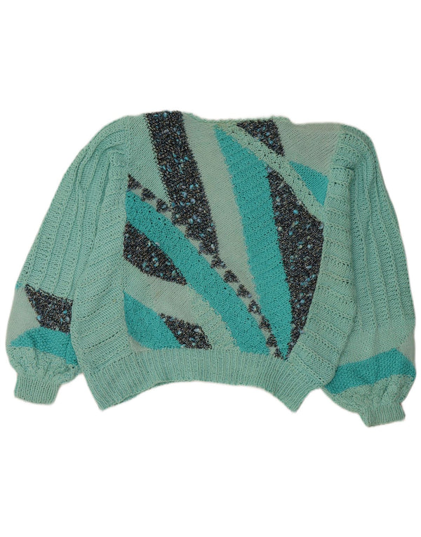 Vintage Womens Boat Neck Jumper Sweater UK 16 Large Turquoise Geometric
