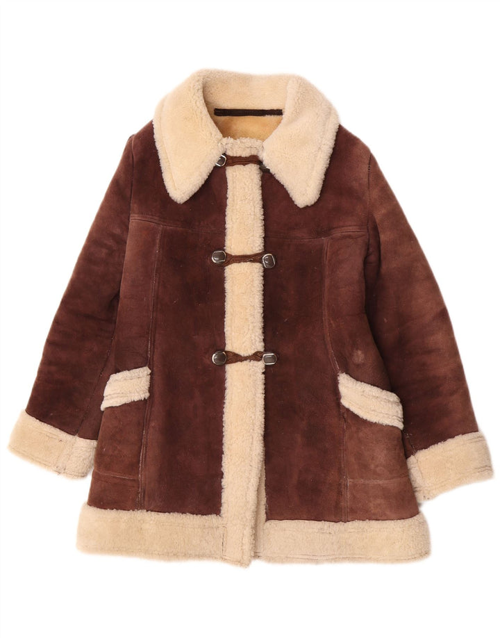 Vintage Womens Shearling Coat UK 10 Small Brown Colourblock