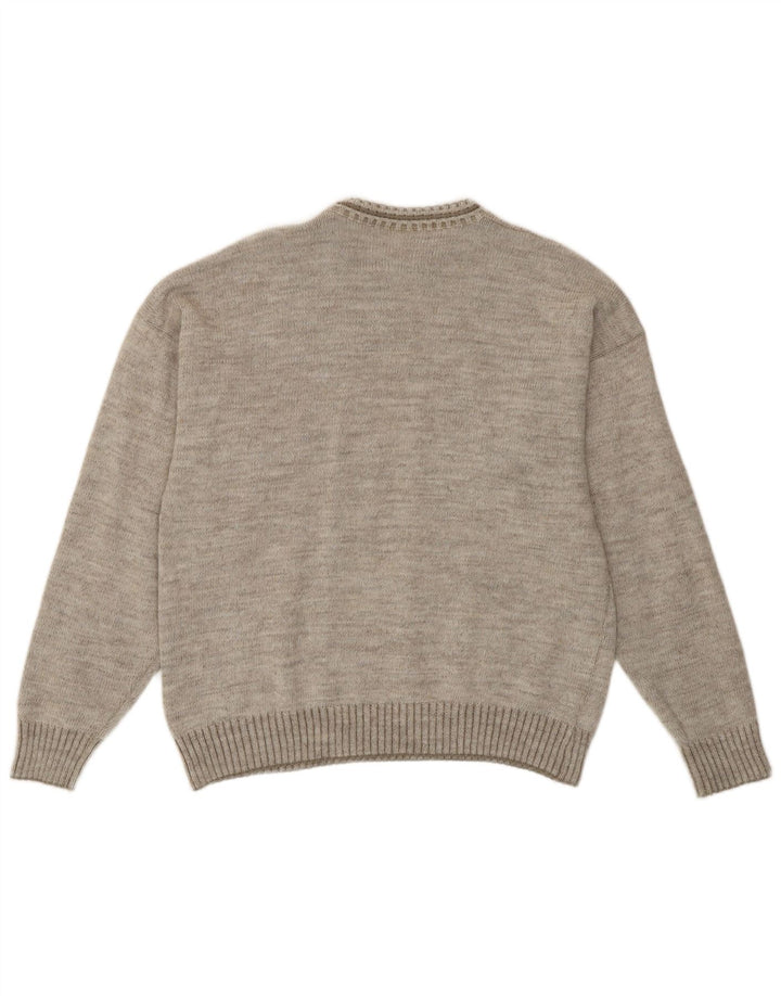 Vintage Mens Crew Neck Jumper Sweater Medium Grey Geometric Retro