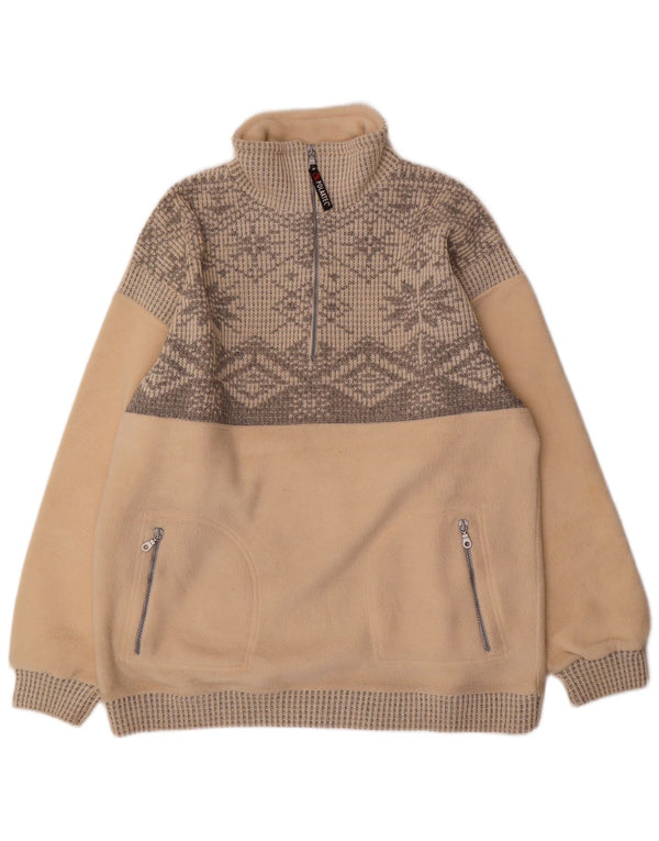 Vintage Mens Zip Neck Fleece Jumper Large Beige Fair Isle Polyester