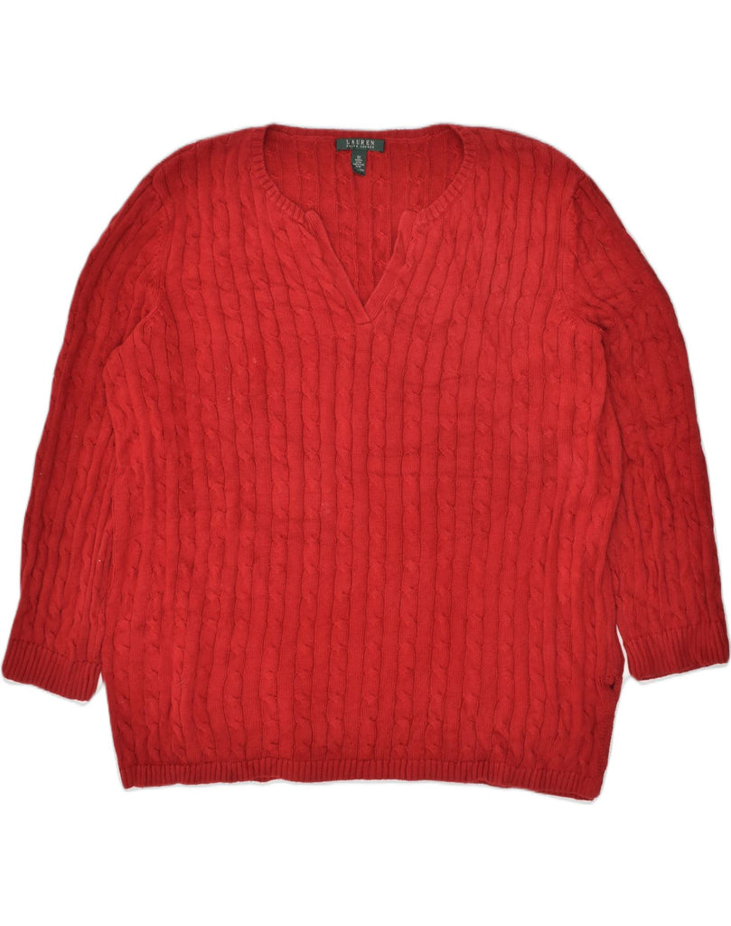 RALPH LAUREN Womens V-Neck Jumper Sweater UK 22 3XL Red Cotton | Vintage Ralph Lauren | Thrift | Second-Hand Ralph Lauren | Used Clothing | Messina Hembry 