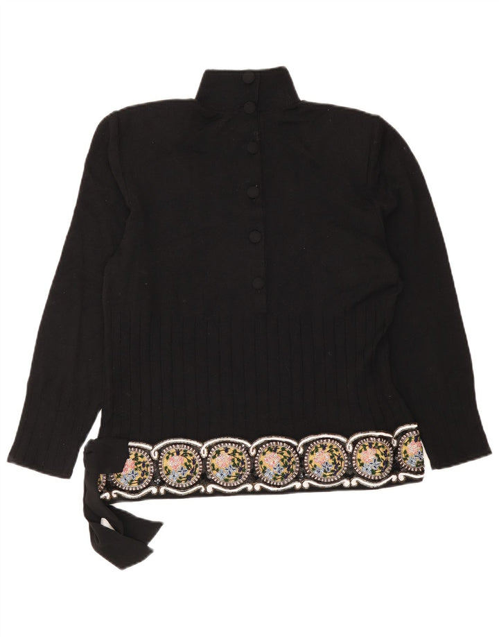 Giorgio Grati Womens Button Neck Jumper Sweater UK 12 Medium Black Floral