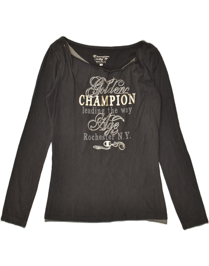 CHAMPION Womens Heritage Fit Graphic Top Long Sleeve UK 12 Medium Grey | Vintage Champion | Thrift | Second-Hand Champion | Used Clothing | Messina Hembry 