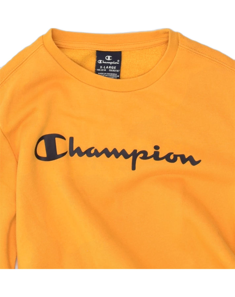 CHAMPION Girls Graphic Sweatshirt Jumper 13-14 Years XL Yellow Cotton | Vintage Champion | Thrift | Second-Hand Champion | Used Clothing | Messina Hembry 