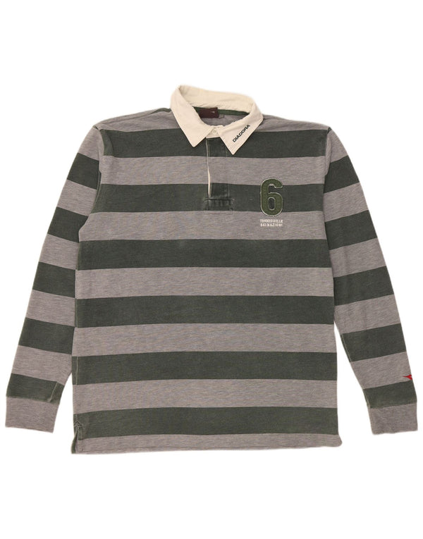 DIADORA Mens Graphic Long Sleeve Rugby Polo Shirt Large Grey Striped