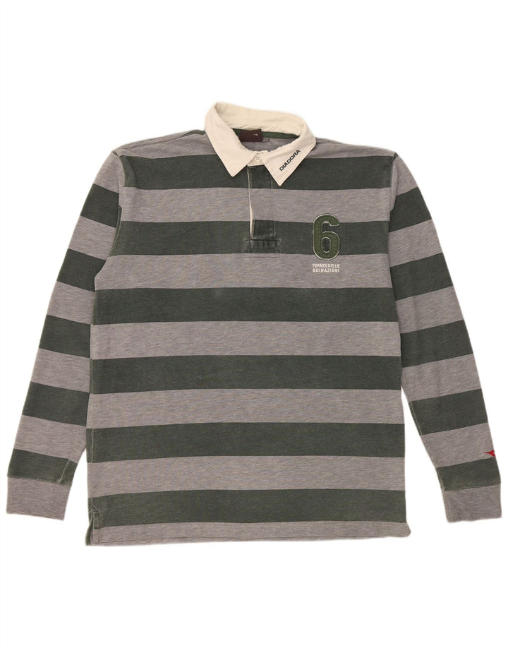 DIADORA Mens Graphic Long Sleeve Rugby Polo Shirt Large Grey Striped