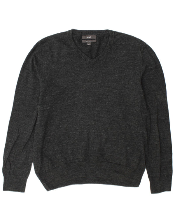 Marks & Spencer Mens V-Neck Jumper Sweater Medium Grey Cotton