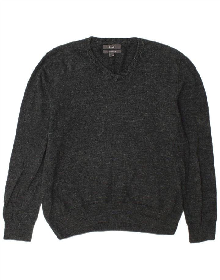 Marks & Spencer Mens V-Neck Jumper Sweater Medium Grey Cotton