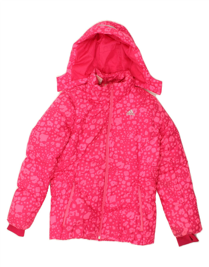 ADIDAS Girls Hooded Padded Jacket 11-12 Years Pink Spotted Polyester | Vintage Adidas | Thrift | Second-Hand Adidas | Used Clothing | Messina Hembry 