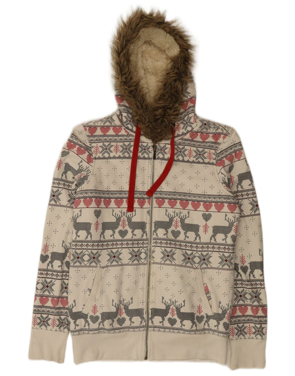 Marks & Spencer Womens Zip Hoodie Sweater UK 10 Small Off White Fair Isle