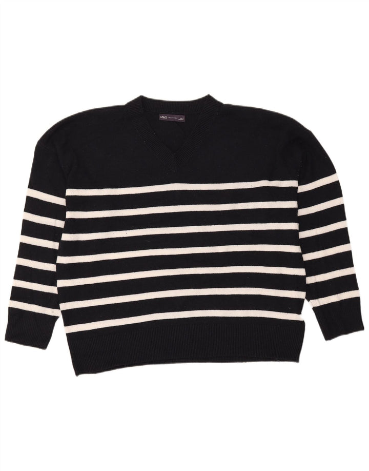 Marks & Spencer Womens V-Neck Jumper Sweater UK 16 Large Black Striped