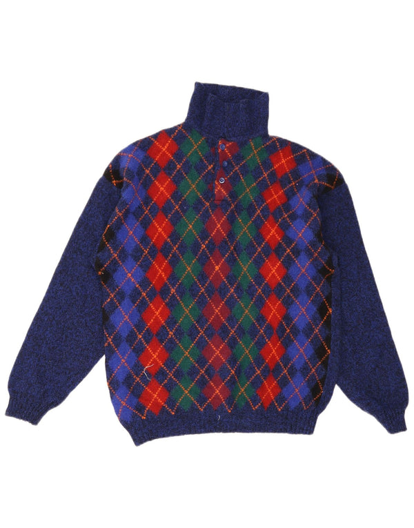 Benetton Mens Polo Neck Jumper Sweater IT 48 Small Blue Argyle/Diamond Wool