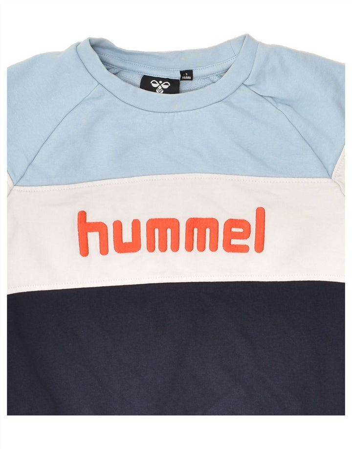 HUMMEL Boys Graphic Sweatshirt Jumper 7-8 Years Blue Colourblock Cotton | Vintage Hummel | Thrift | Second-Hand Hummel | Used Clothing | Messina Hembry 