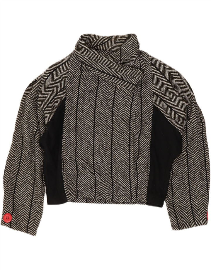 Vintage Womens Crop Batwing Blazer Jacket US 1 XS Black Herringbone Wool