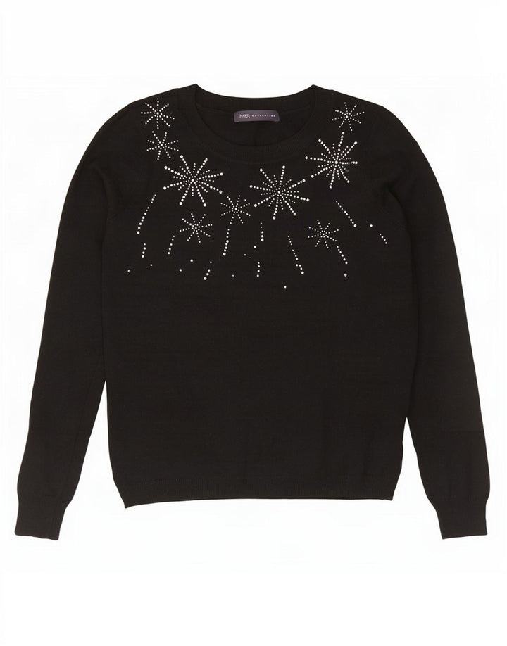 Marks & Spencer Womens Graphic Boat Neck Jumper Sweater UK 12 Medium Black