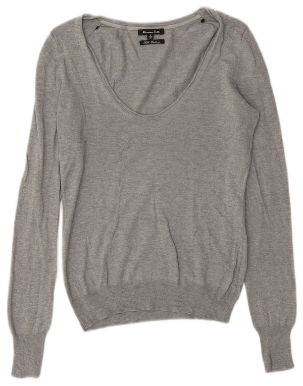 Massimo Dutti Womens V-Neck Jumper Sweater UK 10 Small Grey Silk