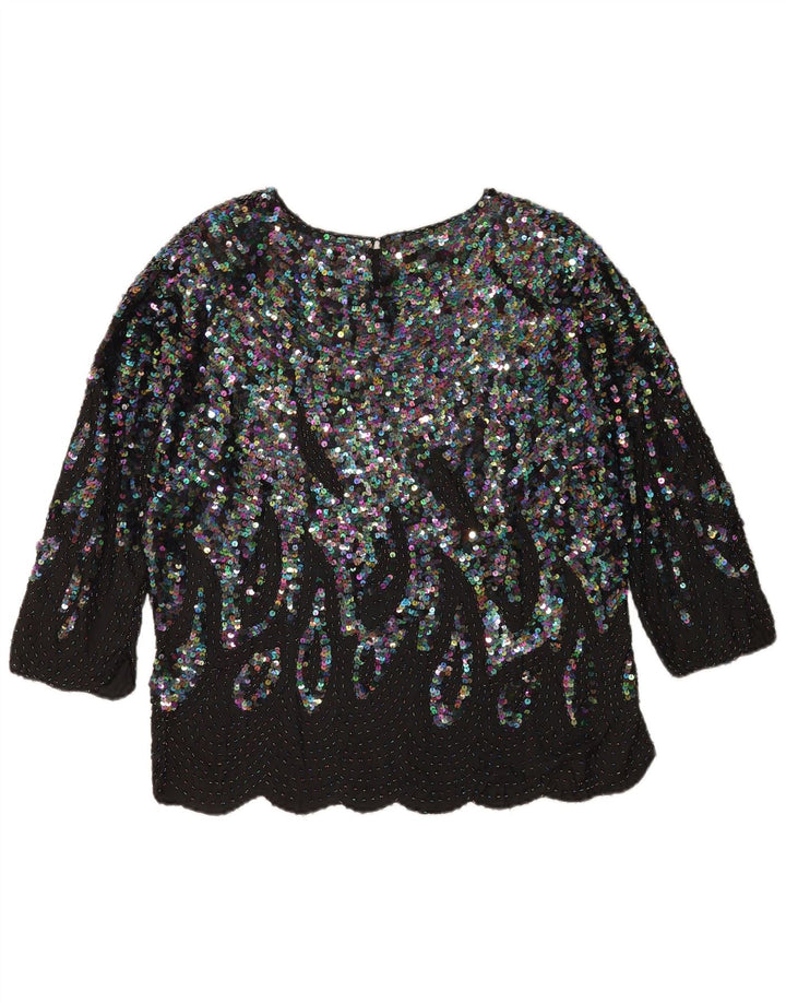 Vintage Womens Sequin 3/4 Sleeve Blouse Top EU 48 2XL Black Silk