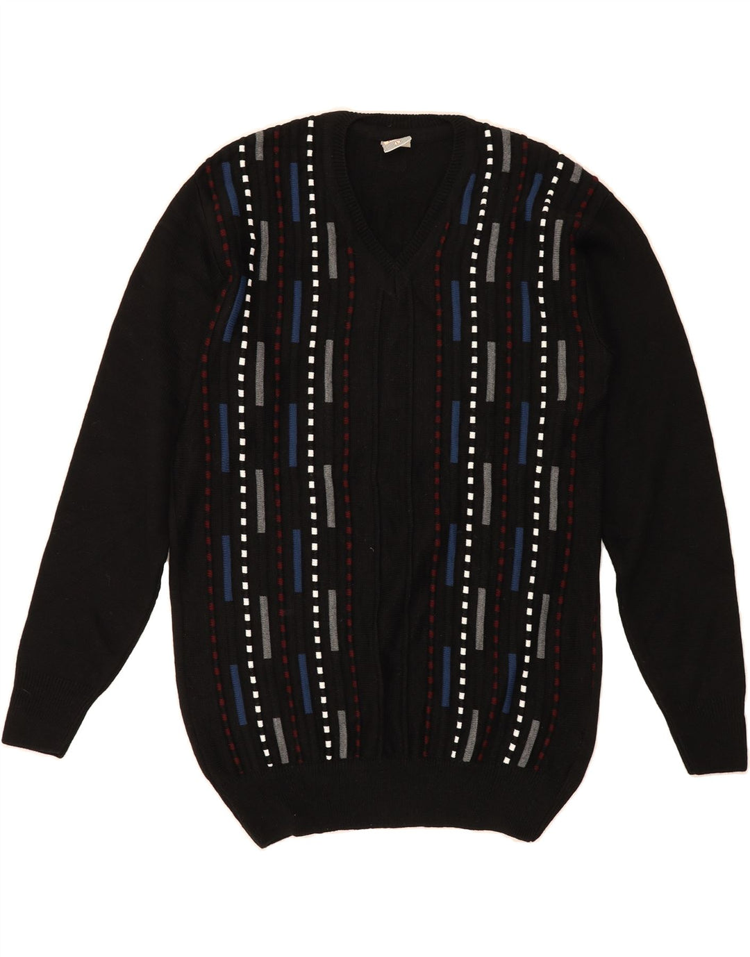 VINTAGE Mens V-Neck Jumper Sweater Large Black Striped Acrylic Vintage Vintage and Second-Hand Vintage from Messina Hembry 
