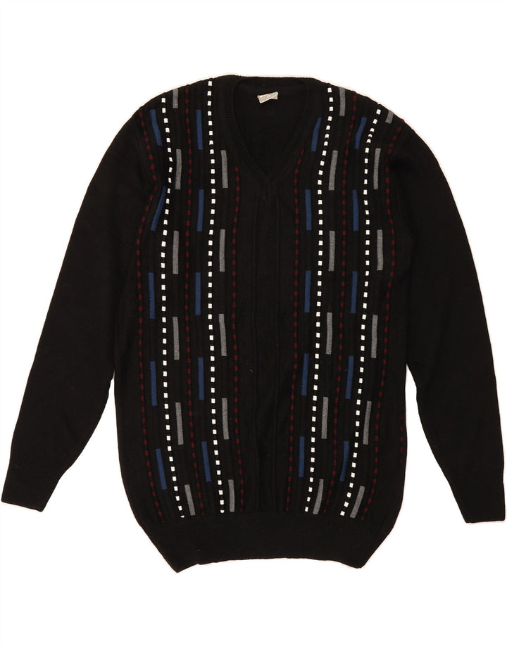 VINTAGE Mens V-Neck Jumper Sweater Large Black Striped Acrylic Vintage Vintage and Second-Hand Vintage from Messina Hembry 