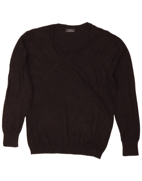 Zara Mens V-Neck Jumper Sweater Large Black Viscose