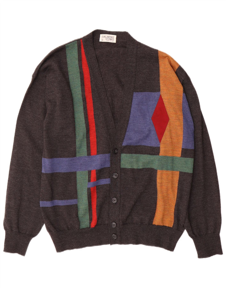 DALMINE Mens Cardigan Sweater IT 54 XL Grey Argyle/Diamond Wool