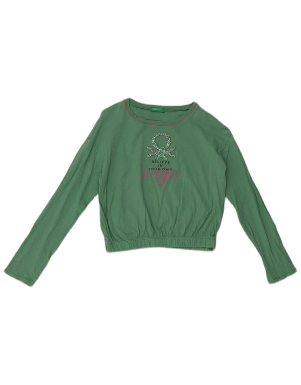 Benetton Girls Crop Graphic Top Long Sleeve 7-8 Years Green