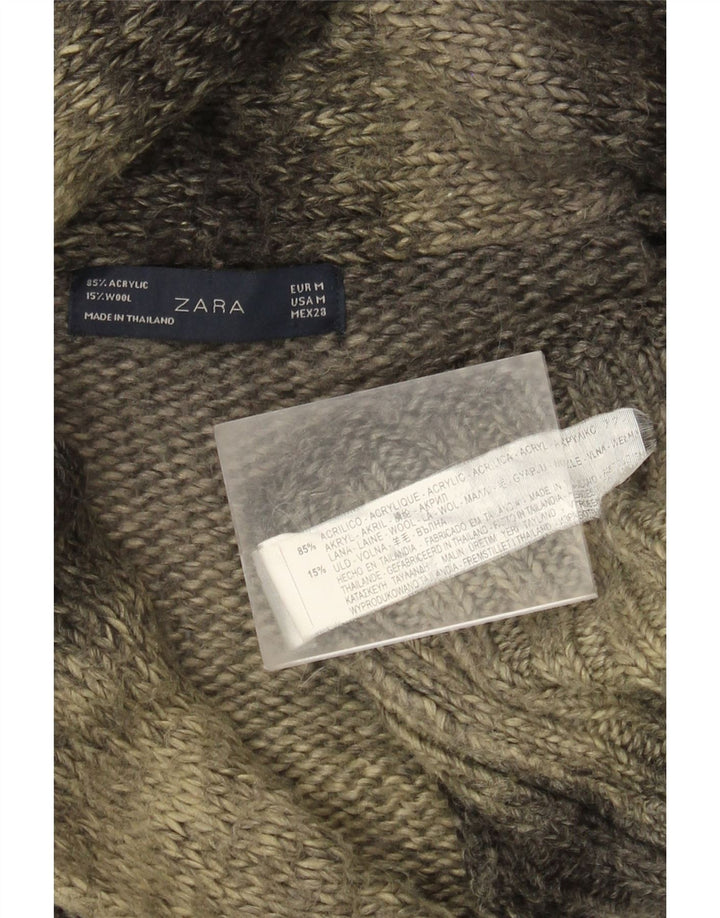 Zara Womens Longline Cardigan Sweater UK 14 Medium Grey Striped Acrylic