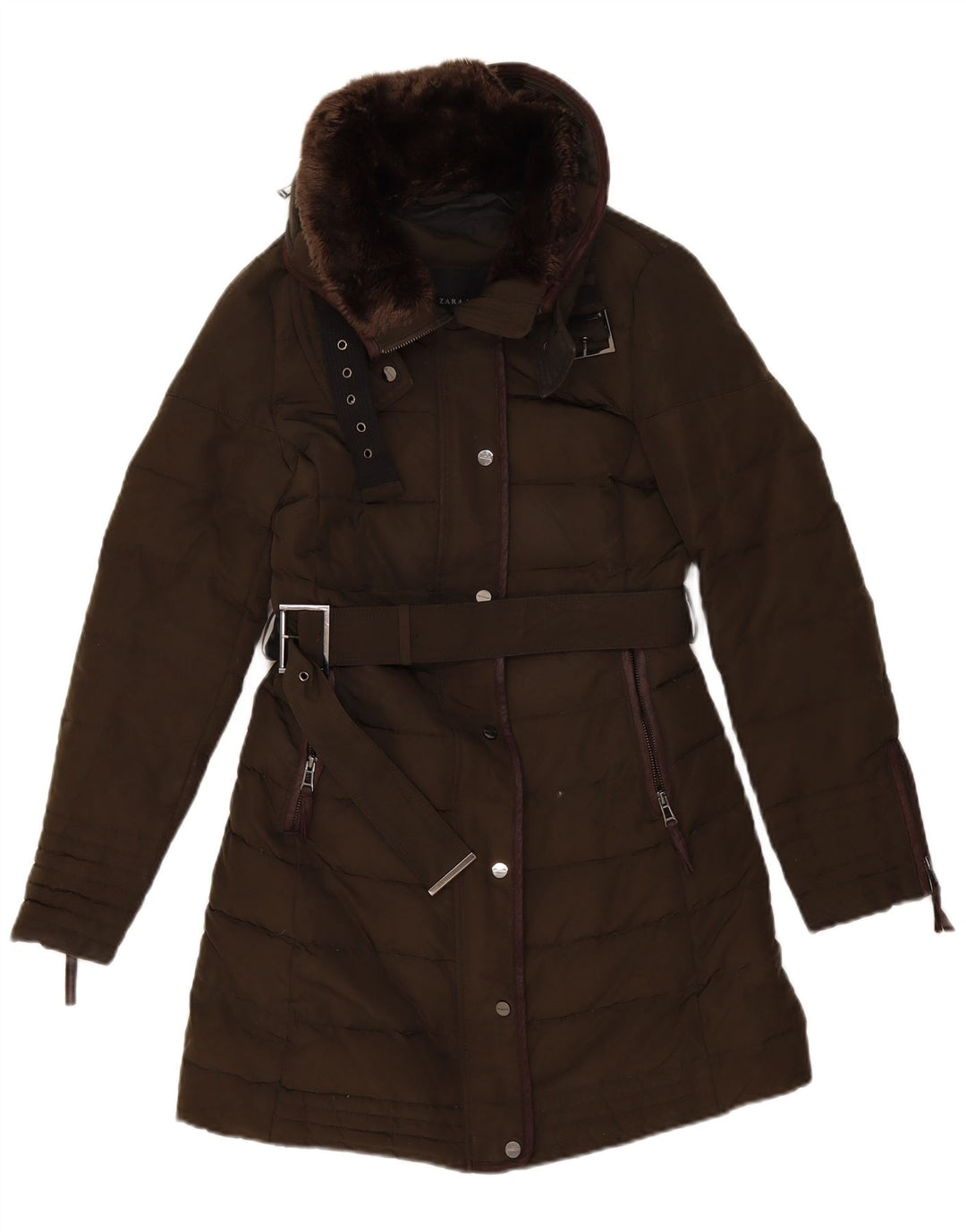 Zara Womens Padded Coat UK 10 Small Khaki Acrylic
