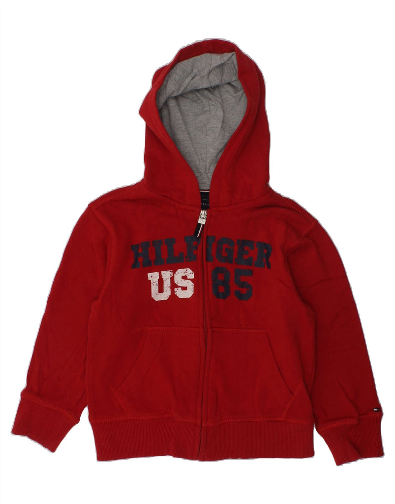 TOMMY HILFIGER Boys Graphic Zip Hoodie Sweater 4-5 Years Red Cotton | Vintage Tommy Hilfiger | Thrift | Second-Hand Tommy Hilfiger | Used Clothing | Messina Hembry 