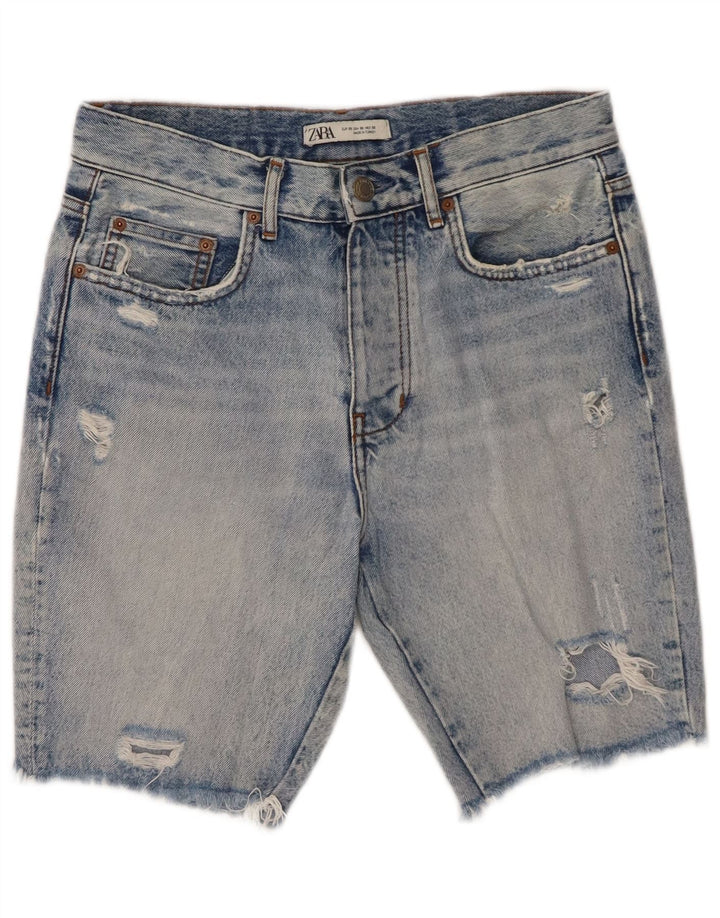 ZARA Mens Distressed Denim Shorts EU 38 Small W30  Blue Cotton