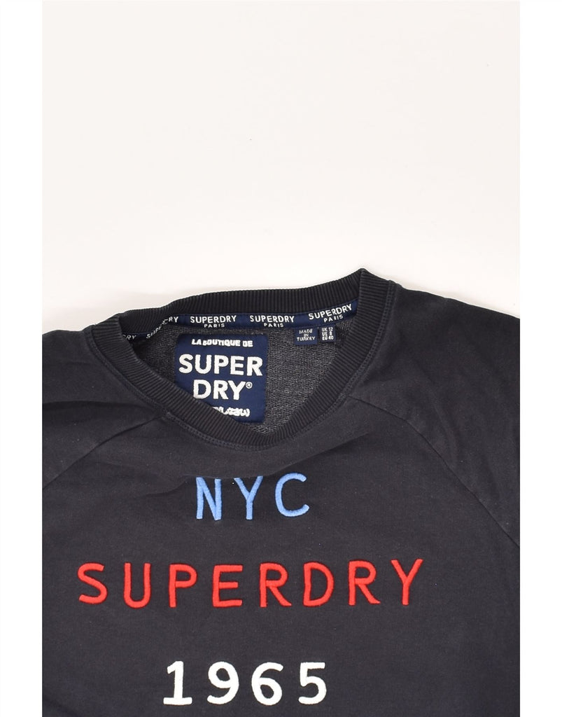 SUPERDRY Womens Graphic Sweatshirt Jumper UK 12 Medium Navy Blue | Vintage Superdry | Thrift | Second-Hand Superdry | Used Clothing | Messina Hembry 