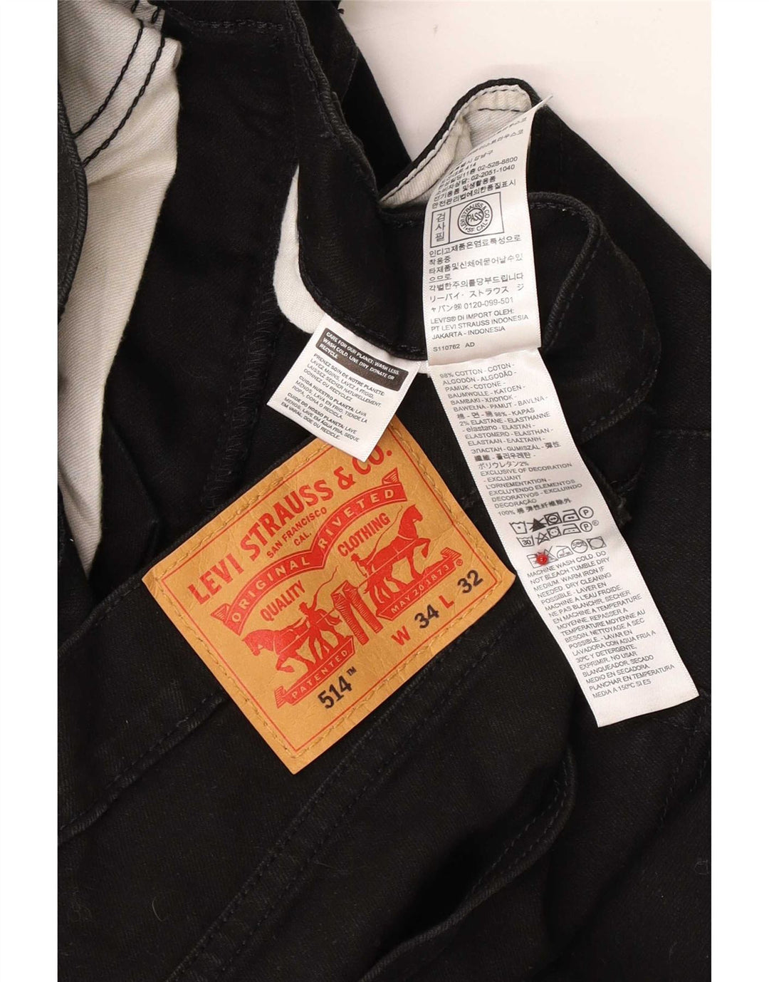 Levi's Mens 514 Straight Jeans W34 L32 Black Cotton