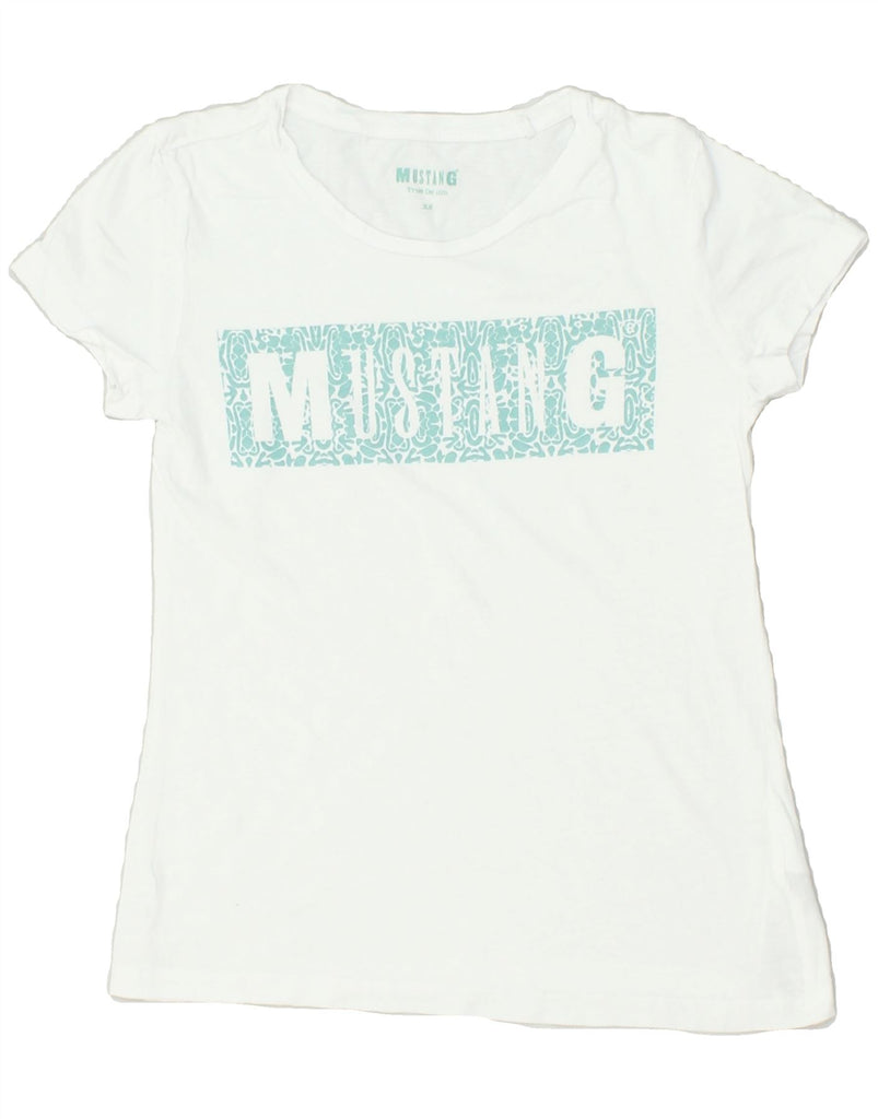 MUSTANG Womens Graphic T-Shirt Top UK 6 XS White Cotton | Vintage Mustang | Thrift | Second-Hand Mustang | Used Clothing | Messina Hembry 