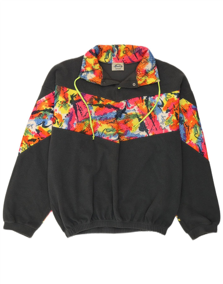 VINTAGE Mens Button Neck Fleece Jumper XL Grey Colourblock Polyester